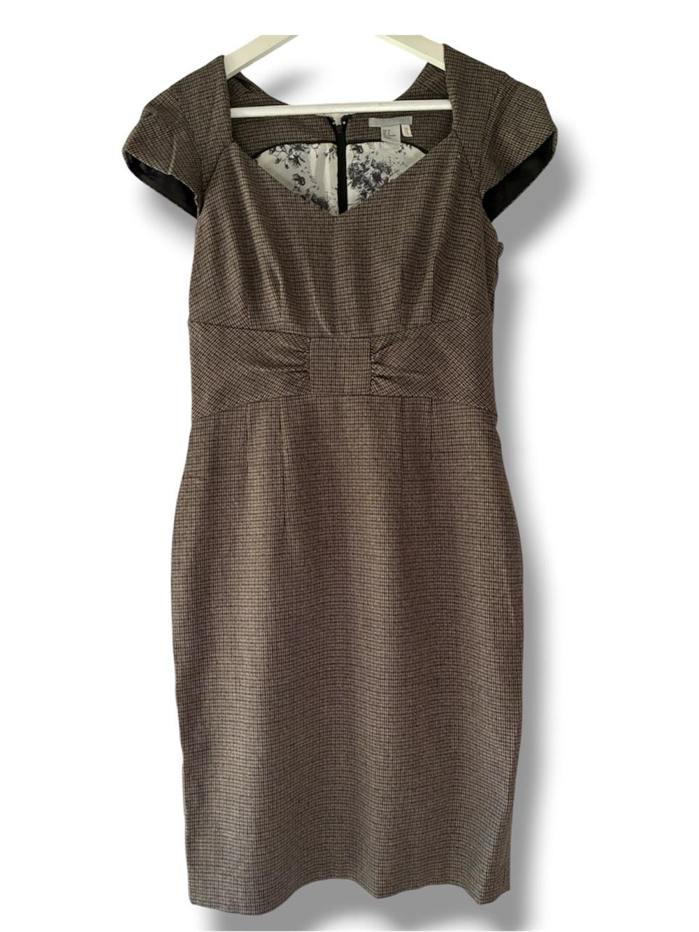H&M Vintage-Style Houndstooth Sheath Dress - Fitted Waist, floral lining, Size 8